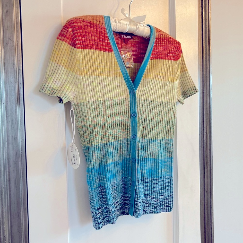 STAUD Short Sleeved Cargo Sweater in Rainbow Multi, Size L, NWT - Picture 5 of 10